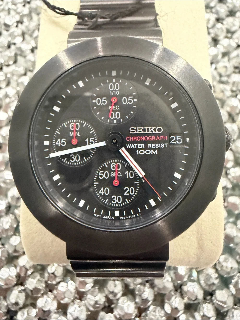 Seiko Black Dial Chronograph Watch with Red and White Accents
